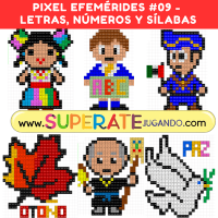 Pixeles de Efemérides de Septiembre con actividades de letras, números y sílabas para preescolar y primeros grados.